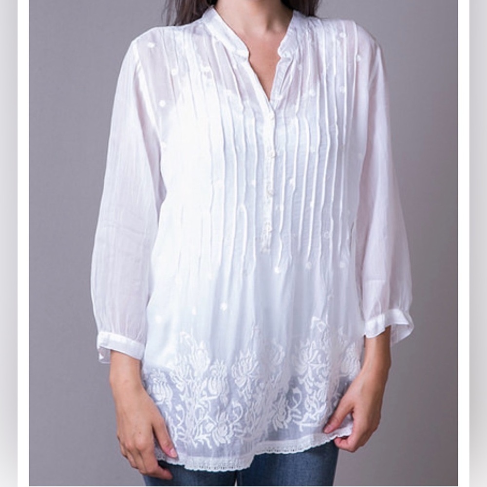 Johnny Was White The Pintuck Vine Embroidered Boho Blouse Tunic Small